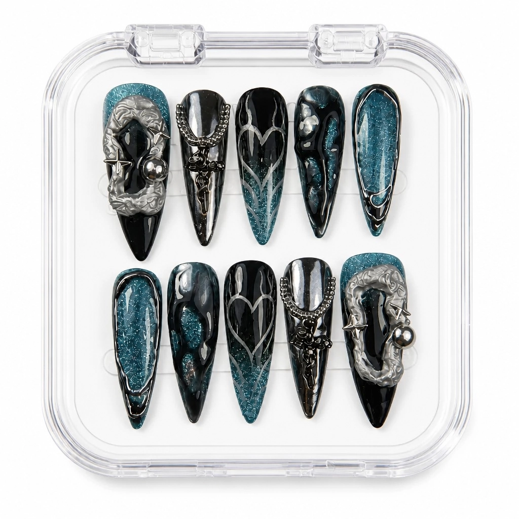 Press-on Nails Wholesale $14.90 Midnight Tribal Hearts by Yabe Vietnam