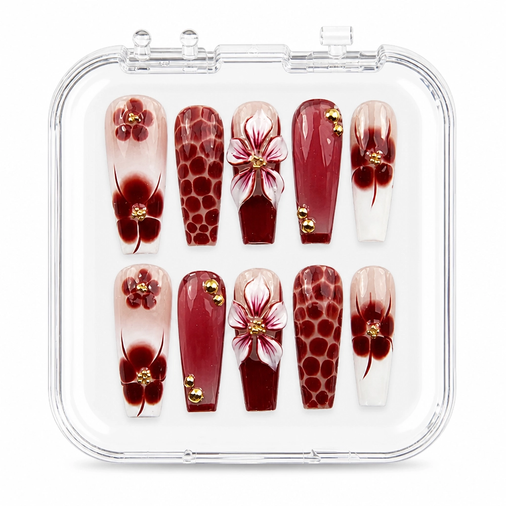 Press-on Nails Wholesale $14.90 Burgundy Blossom by Yabe Vietnam