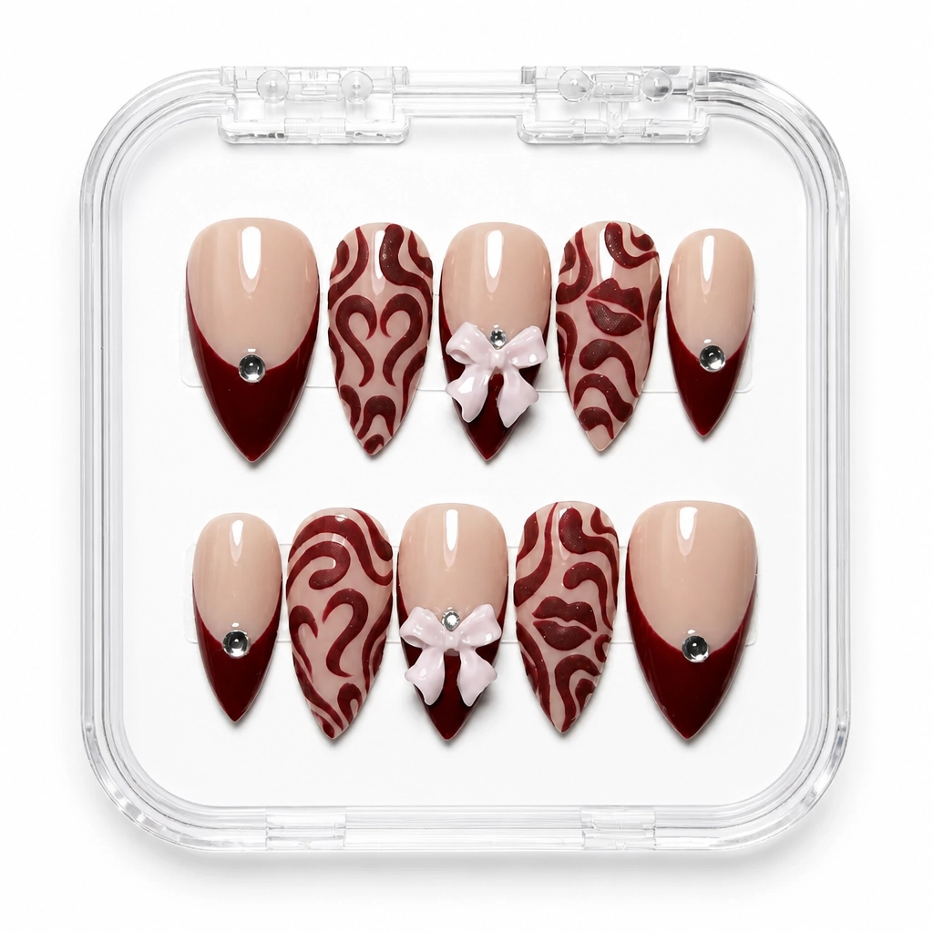 Press-on Nails Wholesale $14.90 Burgundy Heart Elegance by Yabe Vietnam
