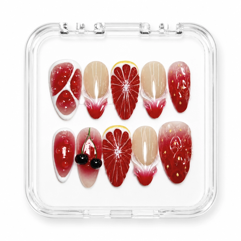 Press-on Nails Wholesale $14.90 Crimson Citrus Chic by Yabe Vietnam