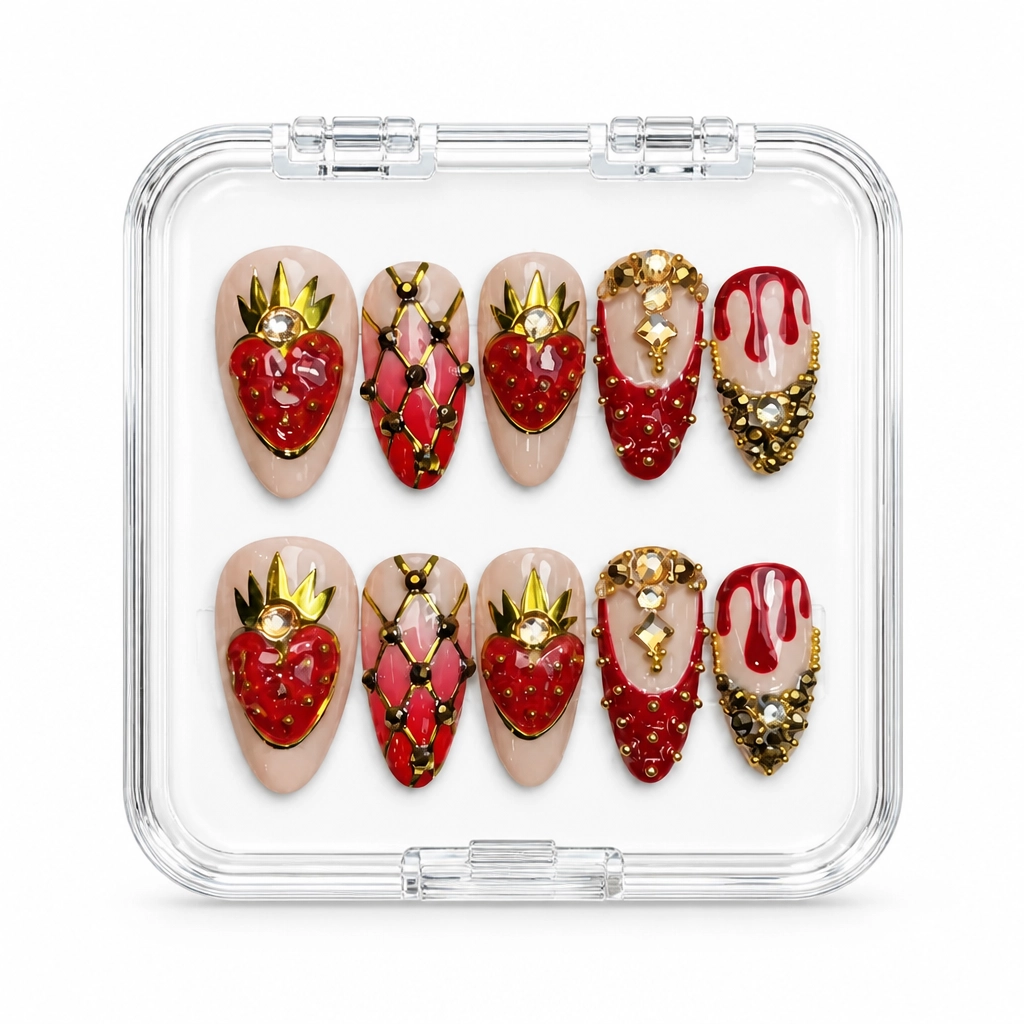 Press-on Nails Wholesale $14.90 Golden Strawberry Bliss by Yabe Vietnam