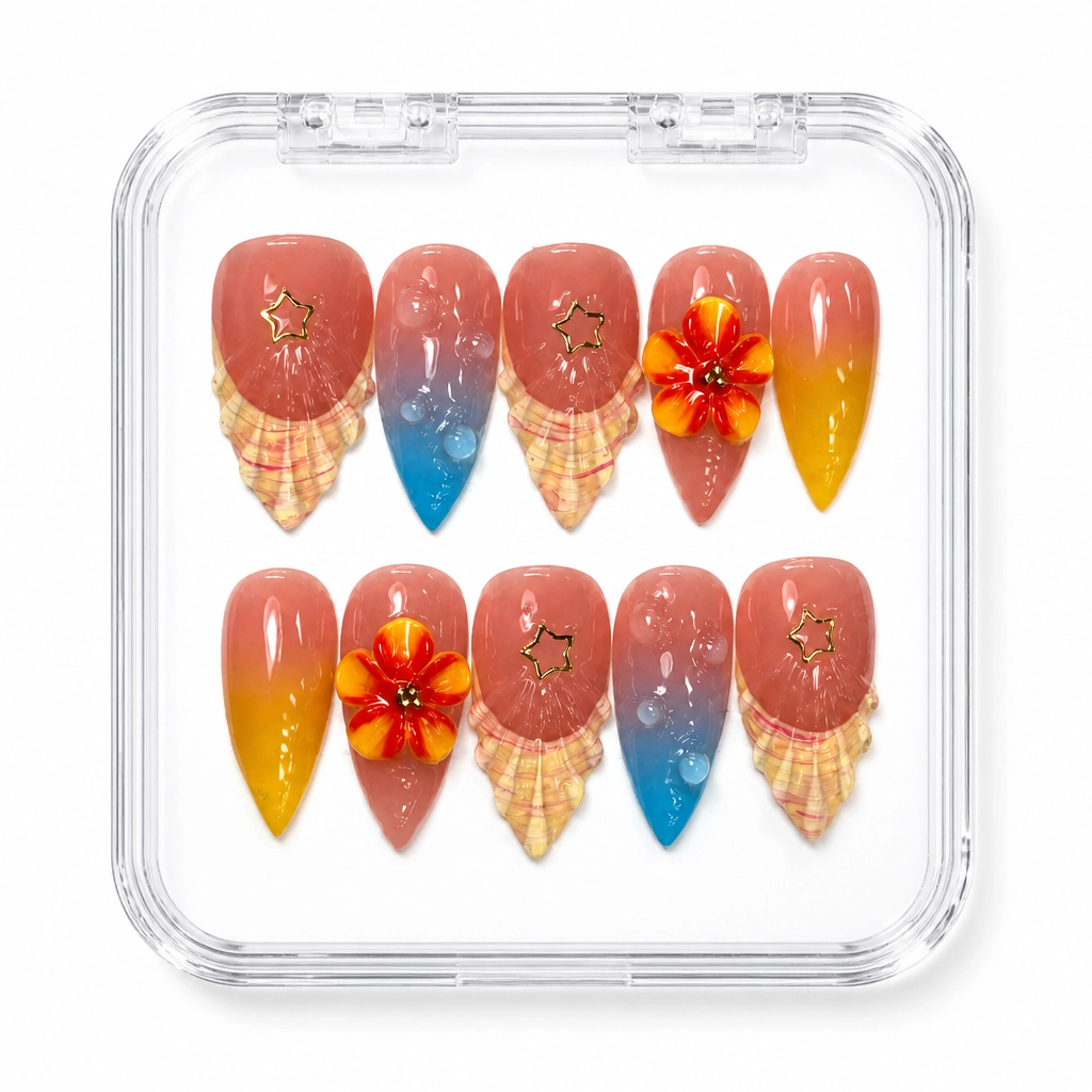 Press-on Nails Wholesale $14.90 Tropical Sunset Shell by Yabe Vietnam