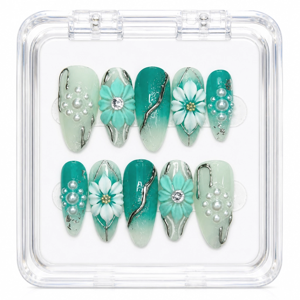 Press-on Nails Wholesale $14.90 Teal Floral Elegance by Yabe Vietnam