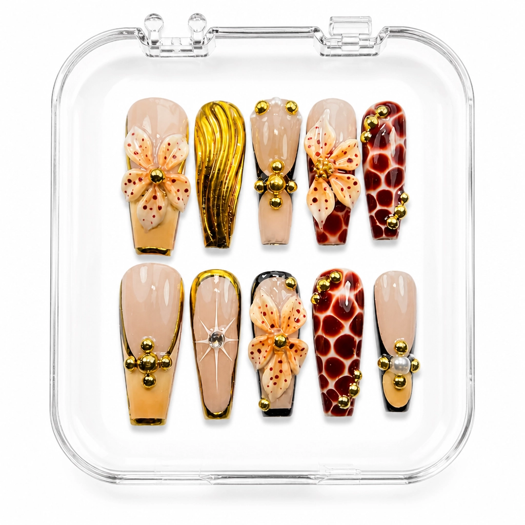 Press-on Nails Wholesale $14.90 Golden Flora Elegance by Yabe Vietnam