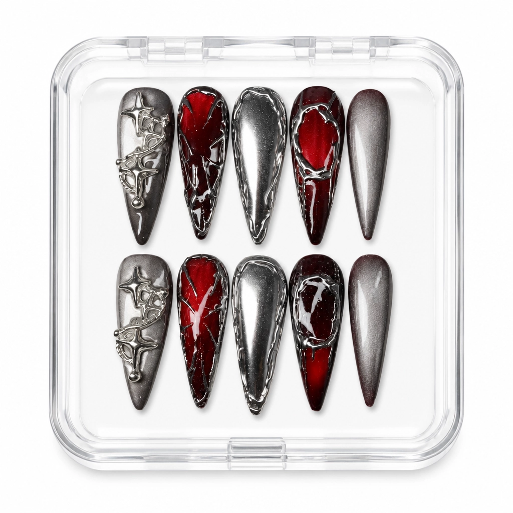 Press-on Nails Wholesale $14.90 Crimson Metal Symphony by Yabe Vietnam